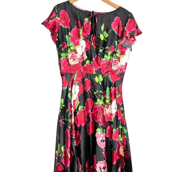 Unique Vintage | Rose Print Dress Satin Like Black Pink Red White - Picture 1 of 10